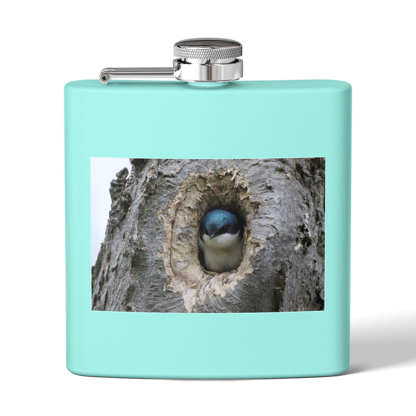 6oz Stainless Steel Flask with Tree Swallow Nest Photo — Nature Lover Gift