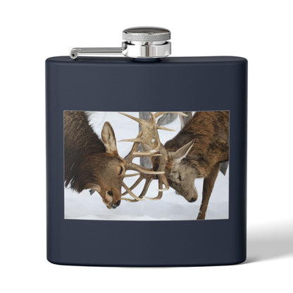 6oz Stainless Steel Flask — Wildlife Photo: Two Bucks Locking Antlers (Hunting Gift)