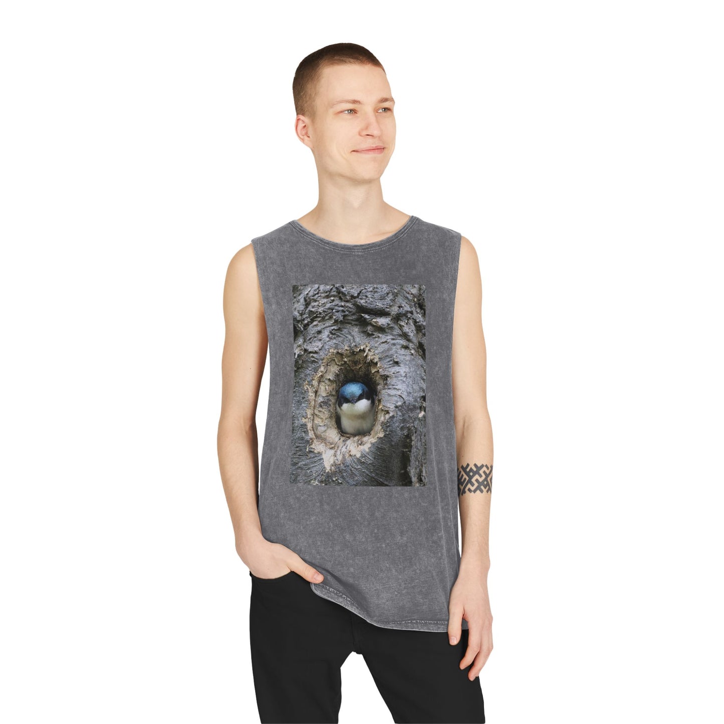 Bird Nest Photo Tank Top — Stonewash Sleeveless Tee with Chick in Hollow Tree