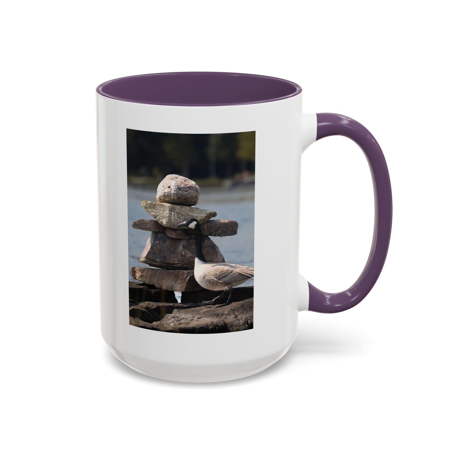 Seaside Rock Cairn Accent Coffee Mug — Coastal Bird & Stacked Stones Photo (11/15oz)