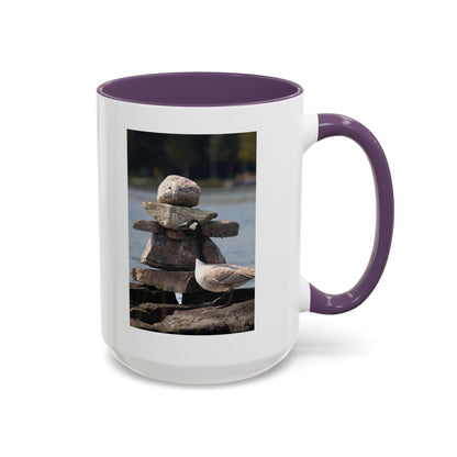 Seaside Rock Cairn Accent Coffee Mug — Coastal Bird & Stacked Stones Photo (11/15oz)