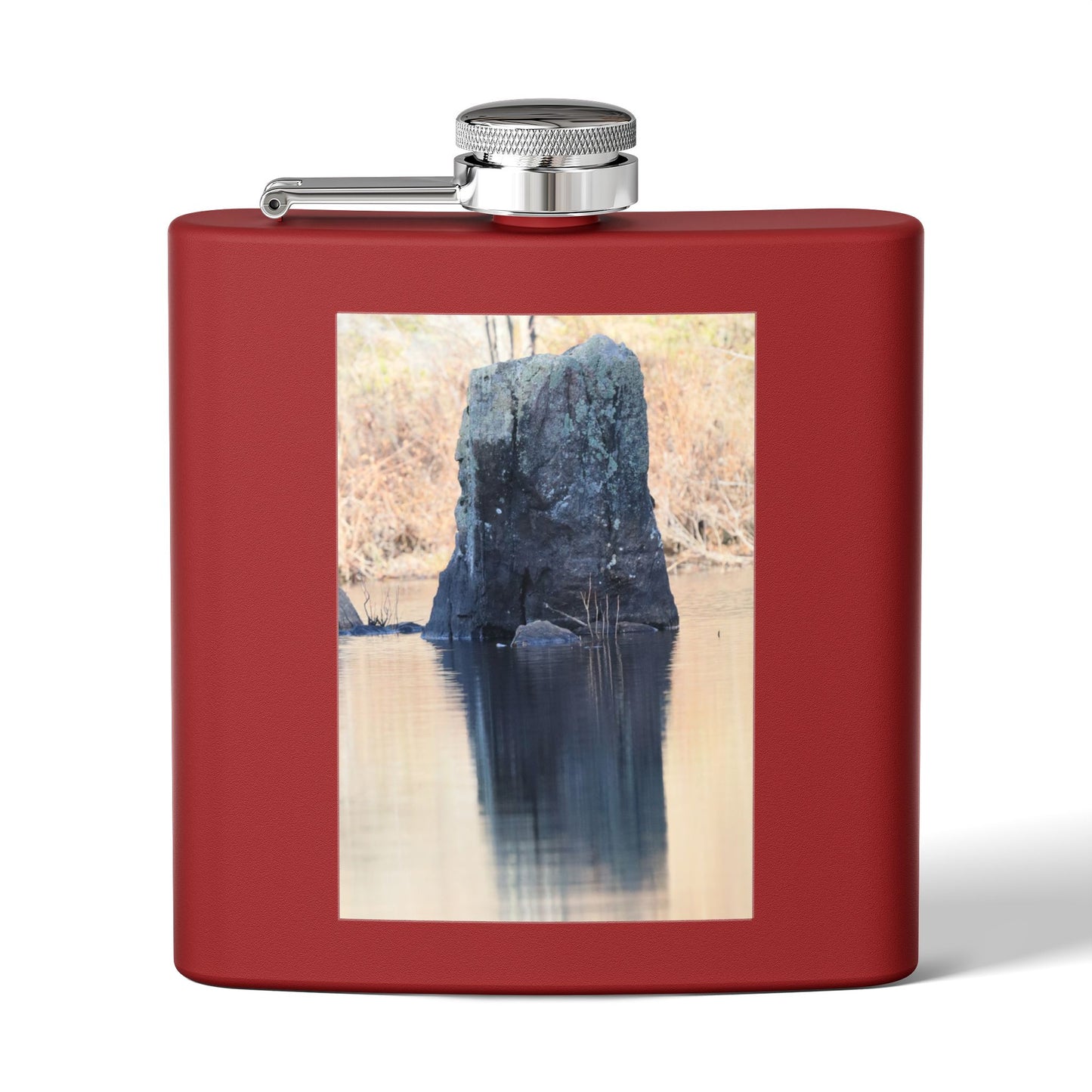 6oz Stainless Steel Flask with Tranquil Lake Rock Photo – Portable Outdoor Hip Flask
