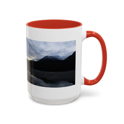 Scenic Mountain Lake Accent Coffee Mug — Moody Sunset Reflection (11oz & 15oz)