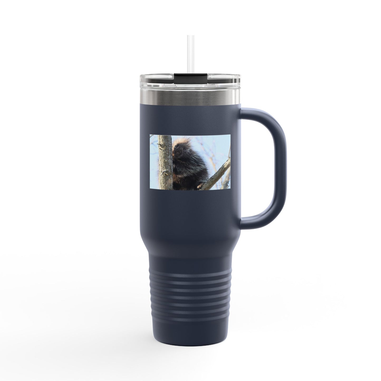 40oz Insulated Travel Mug with Cozy Raccoon Photo — Large Stainless Steel Tumbler for Road Trips & Outdoor Lovers