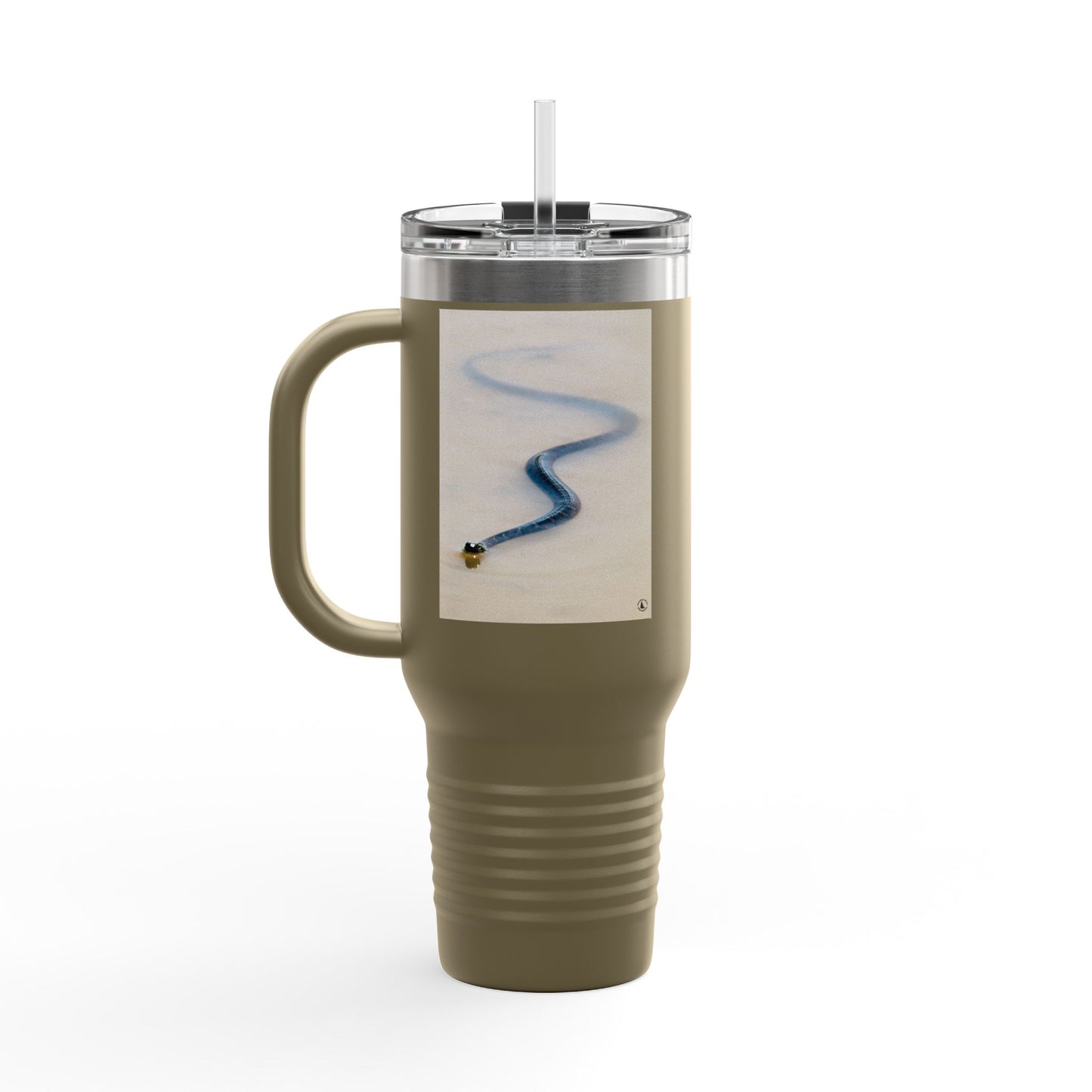 40oz Insulated Travel Mug – Minimal Beach Sand & Blue Wave Design