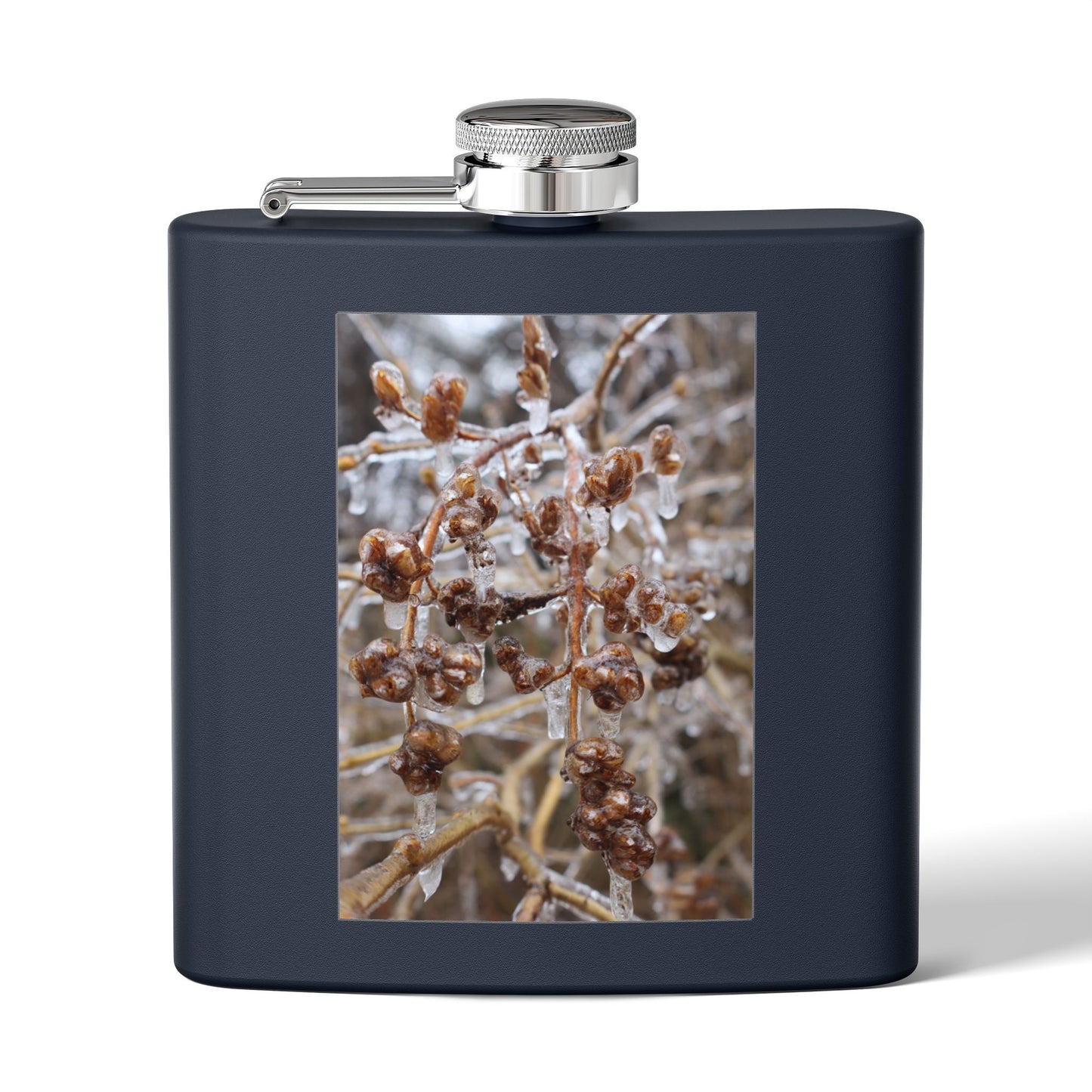 6oz Stainless Steel Flask with Frosted Berries Photo — Winter Nature Pocket Flask