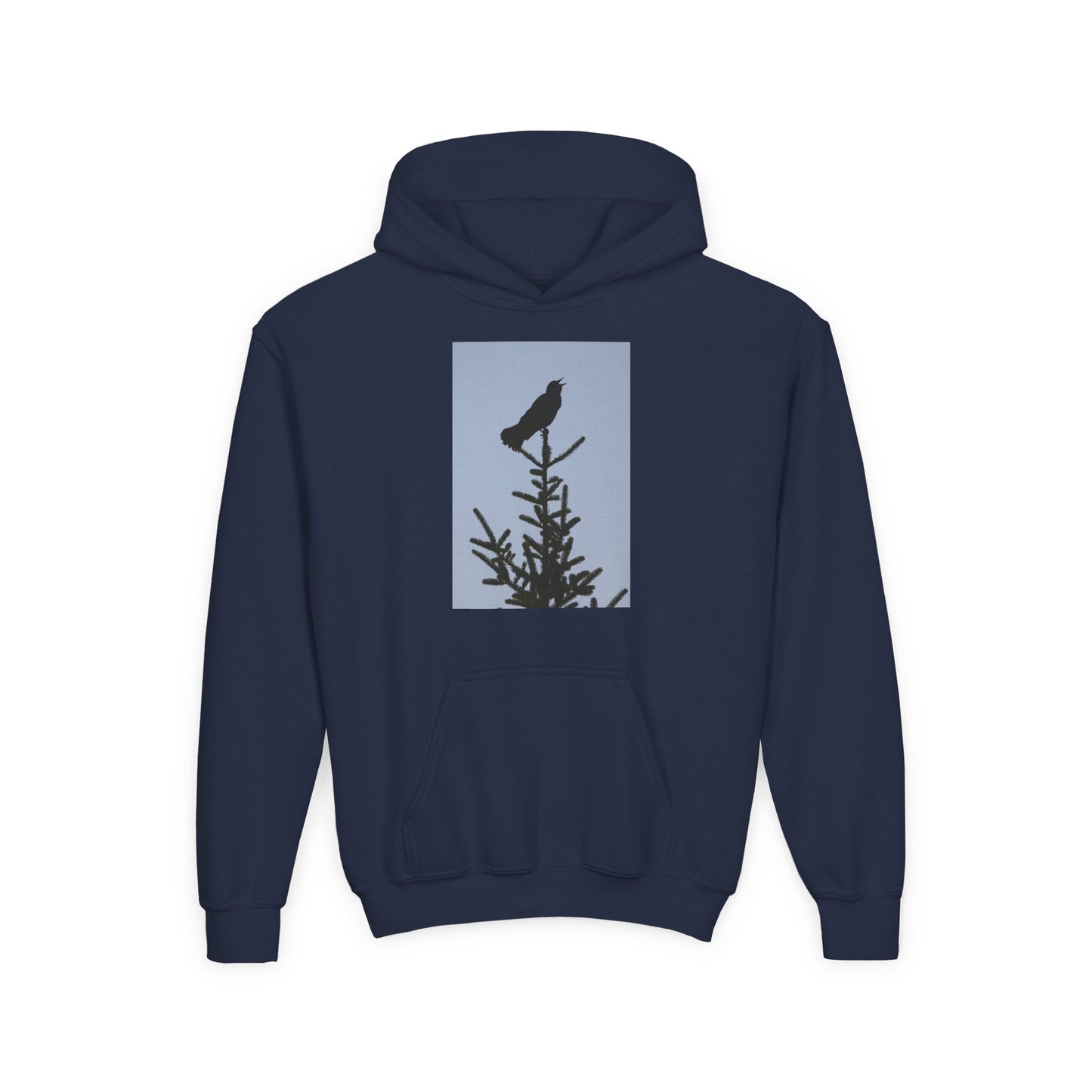 Youth Hoodie with Raven Silhouette on Pine — Cozy Nature Kids Sweatshirt