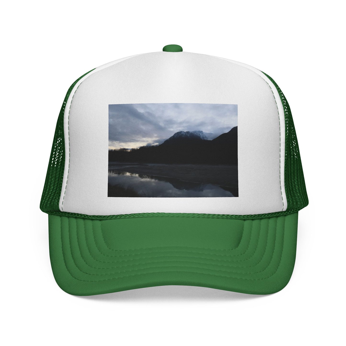 Mountain Lake Trucker Cap — Scenic Nature Photo Mesh Hat