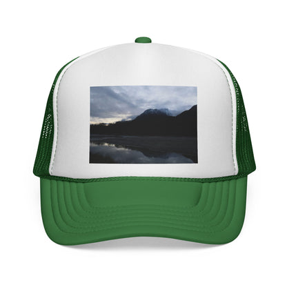 Mountain Lake Trucker Cap — Scenic Nature Photo Mesh Hat