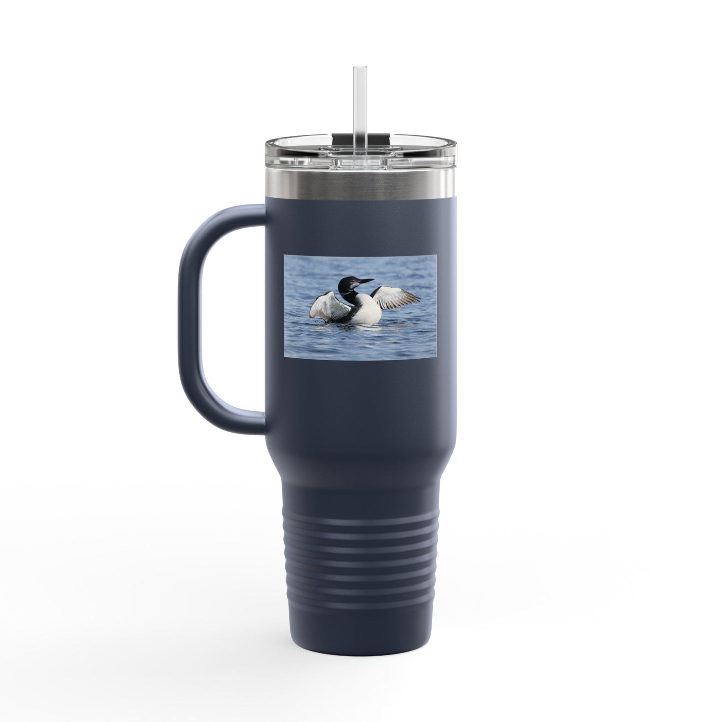 40oz Insulated Travel Mug with Loon Photo – Large Handle, Cold/Hot Beverage Tumbler