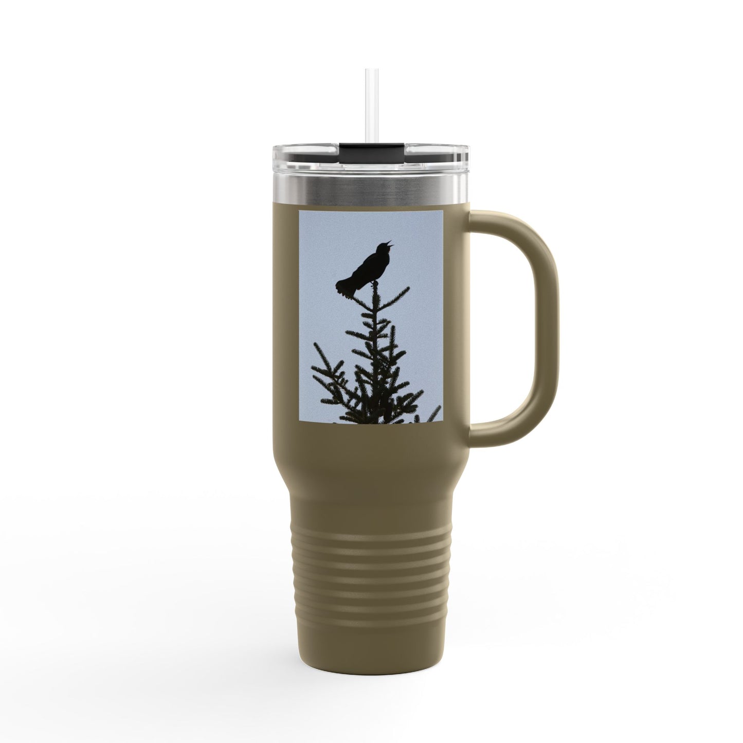 40oz Insulated Travel Mug — Raven Silhouette on Pine (Outdoor Nature Tumbler)