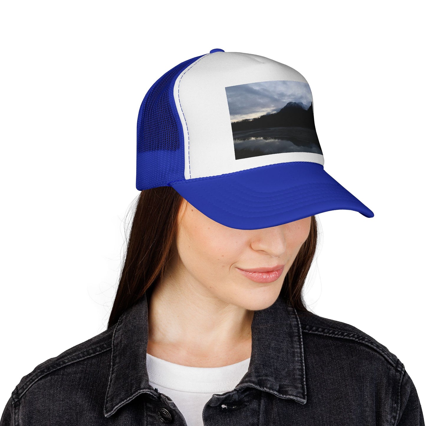 Mountain Lake Trucker Cap — Scenic Nature Photo Mesh Hat