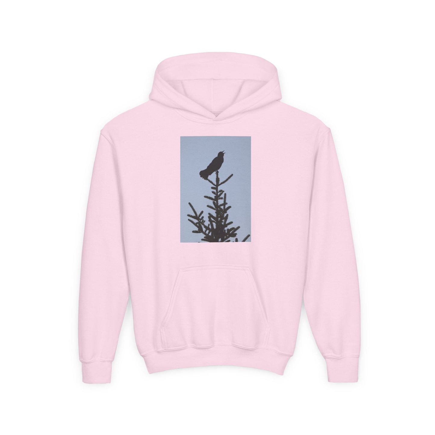 Youth Hoodie with Raven Silhouette on Pine — Cozy Nature Kids Sweatshirt