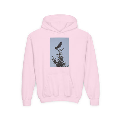 Youth Hoodie with Raven Silhouette on Pine — Cozy Nature Kids Sweatshirt
