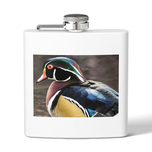 Wood Duck Stainless Steel Flask — 6oz Pocket Hip Flask for Birdwatchers & Outdoor Gifts