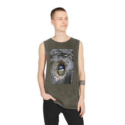 Bird Nest Photo Tank Top — Stonewash Sleeveless Tee with Chick in Hollow Tree