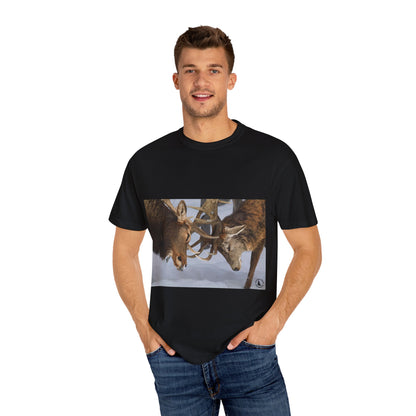 Antler Clash: Winter Wildlife Encounter, Dramatic Nature Photographyphotography shirts
