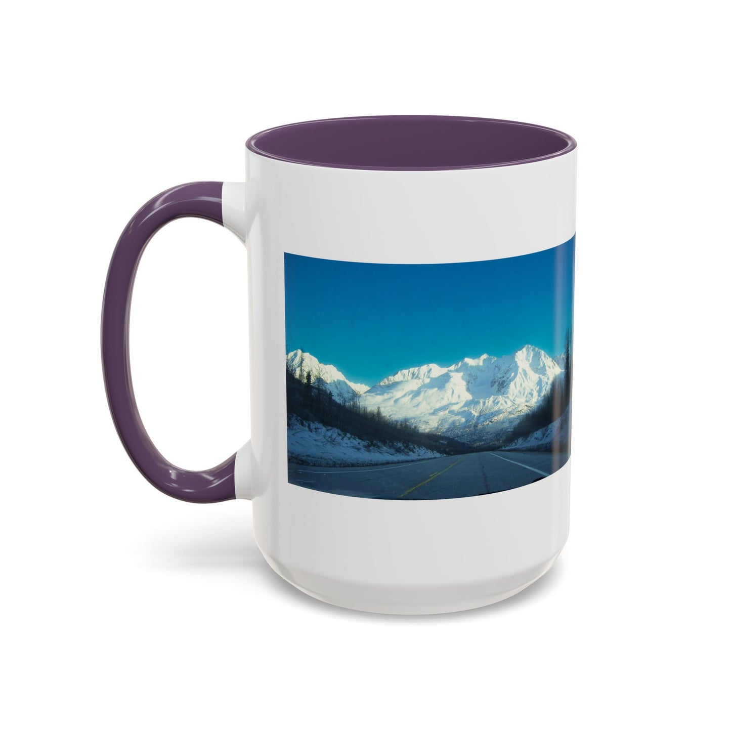 Scenic Mountain Panorama Accent Coffee Mug — Snowy Peaks Travel Coffee Cup (11/15 oz)