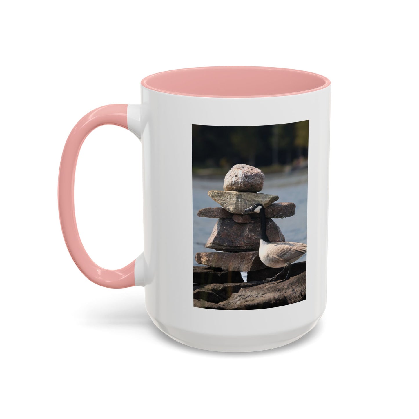 Seaside Rock Cairn Accent Coffee Mug — Coastal Bird & Stacked Stones Photo (11/15oz)