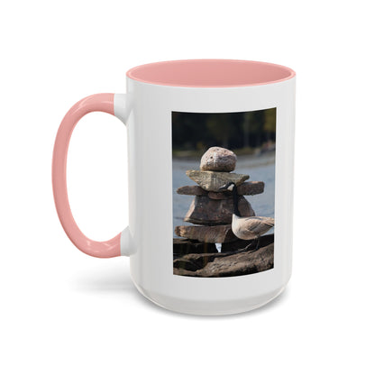 Seaside Rock Cairn Accent Coffee Mug — Coastal Bird & Stacked Stones Photo (11/15oz)
