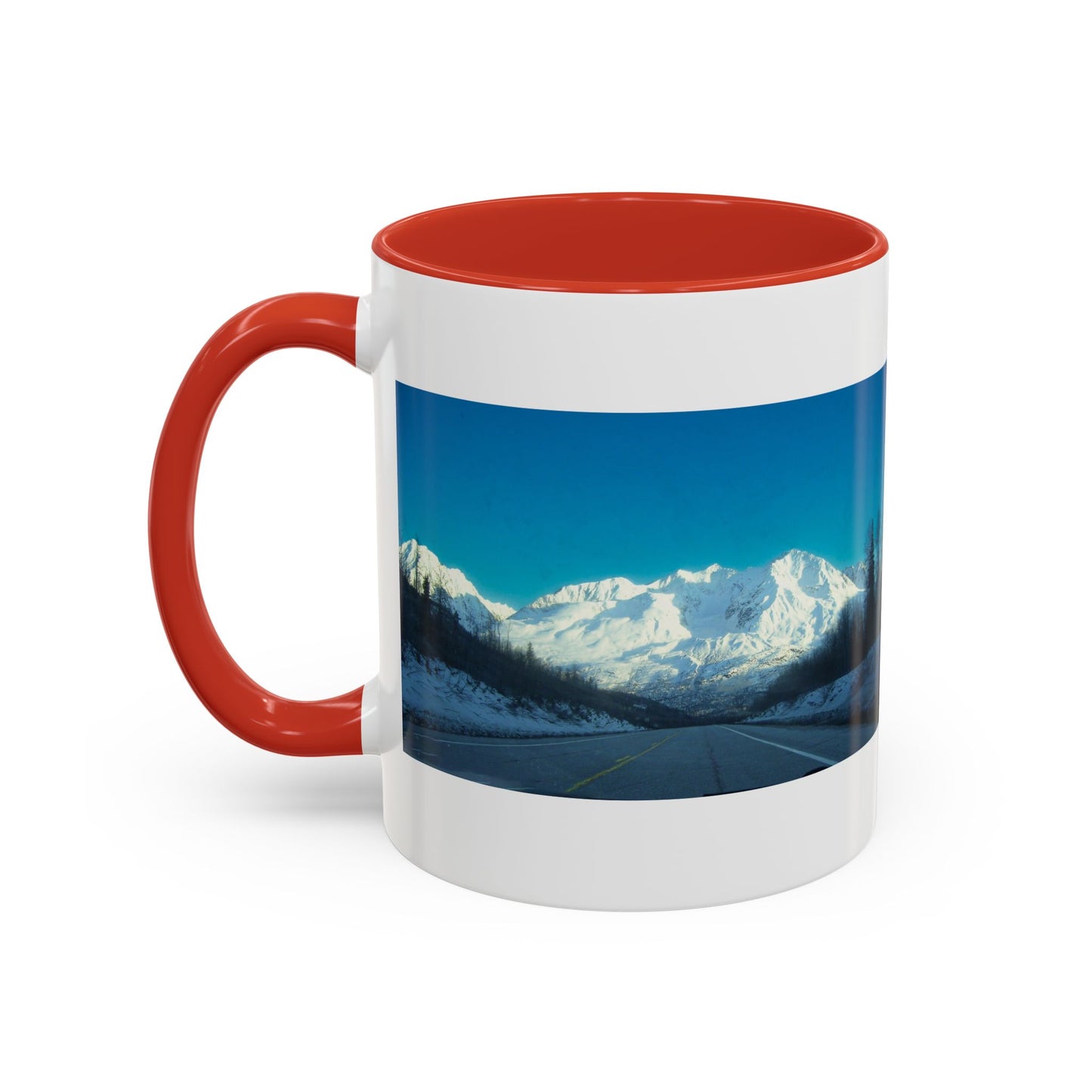 Scenic Mountain Panorama Accent Coffee Mug — Snowy Peaks Travel Coffee Cup (11/15 oz)