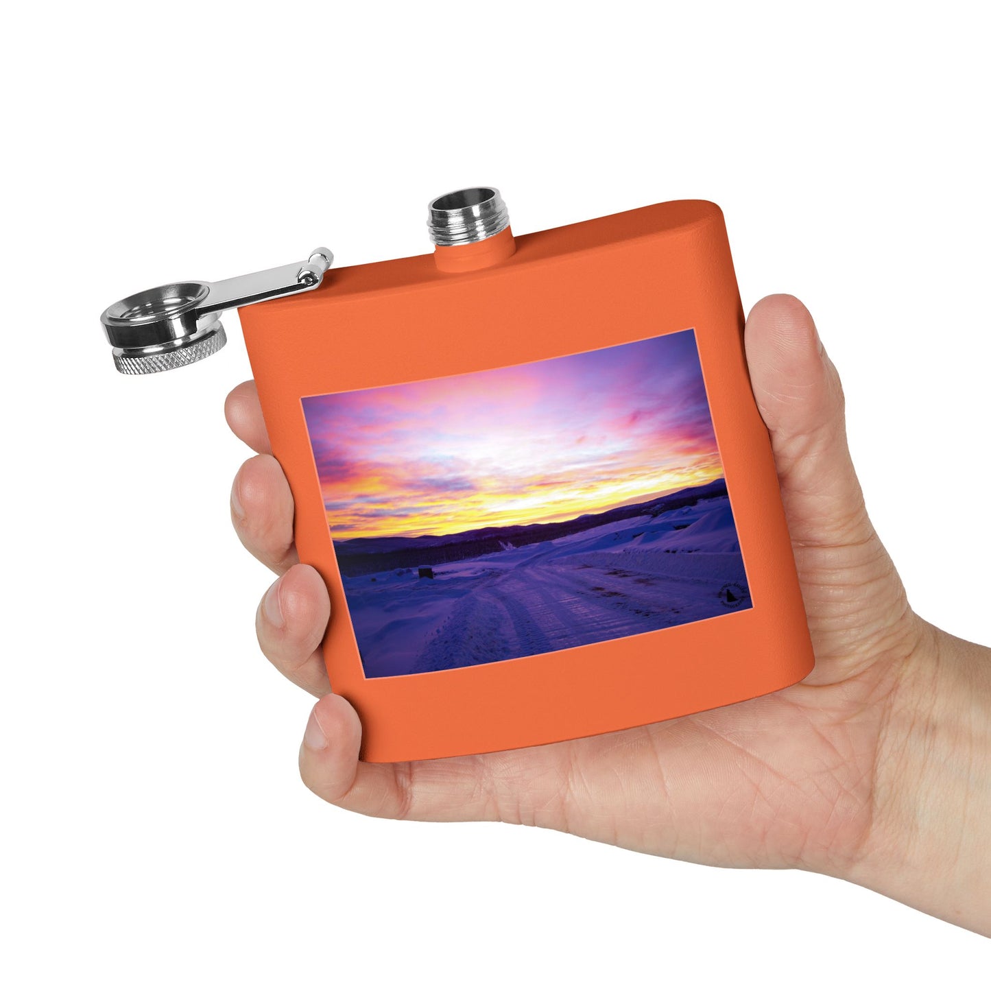 6oz Stainless Steel Flask — Winter Sunset Landscape Photo Flask
