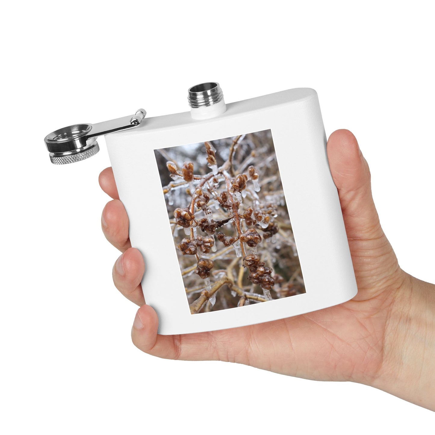 6oz Stainless Steel Flask with Frosted Berries Photo — Winter Nature Pocket Flask