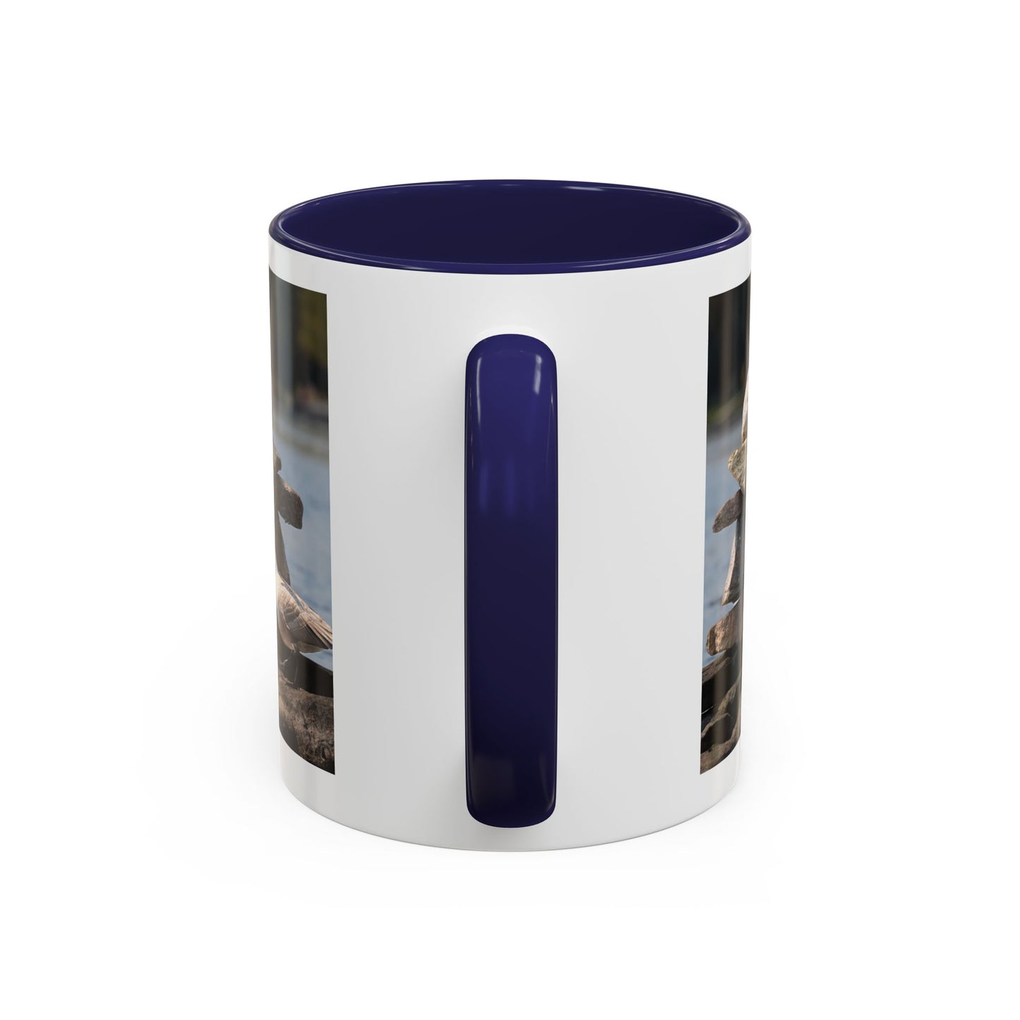 Seaside Rock Cairn Accent Coffee Mug — Coastal Bird & Stacked Stones Photo (11/15oz)