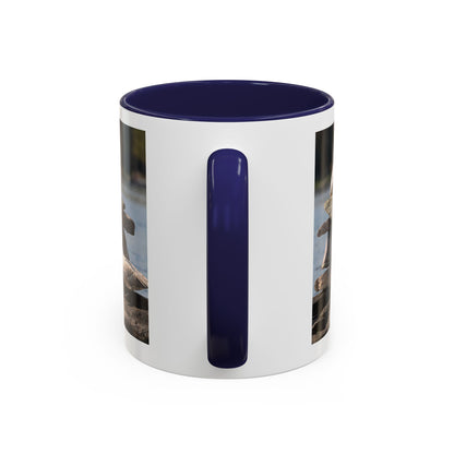 Seaside Rock Cairn Accent Coffee Mug — Coastal Bird & Stacked Stones Photo (11/15oz)