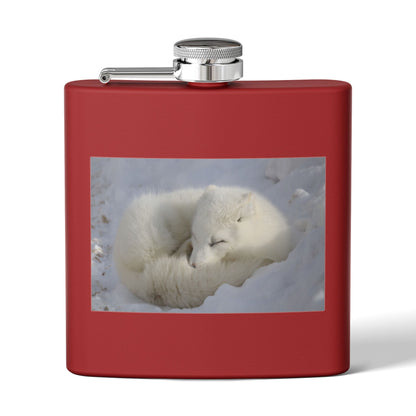 White Arctic Fox Flask — 6oz Stainless Steel Hip Flask with Sleeping Fox Photo
