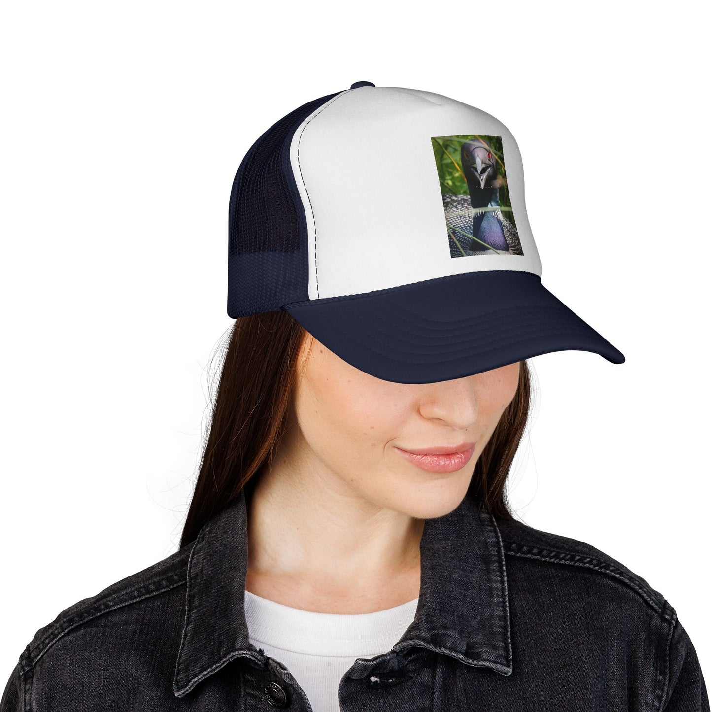 Peacock Portrait Trucker Cap — Colorful Bird Photo Mesh Hat