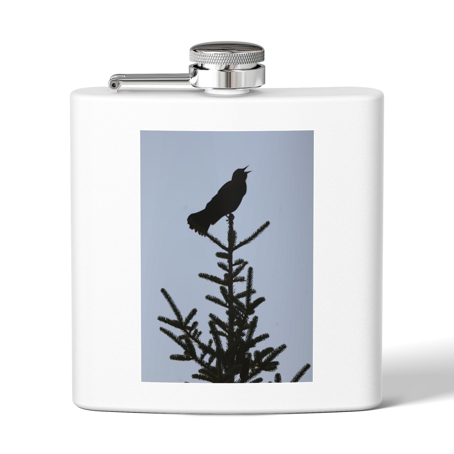 6oz Stainless Steel Flask — Silhouette Bird on Spruce Design
