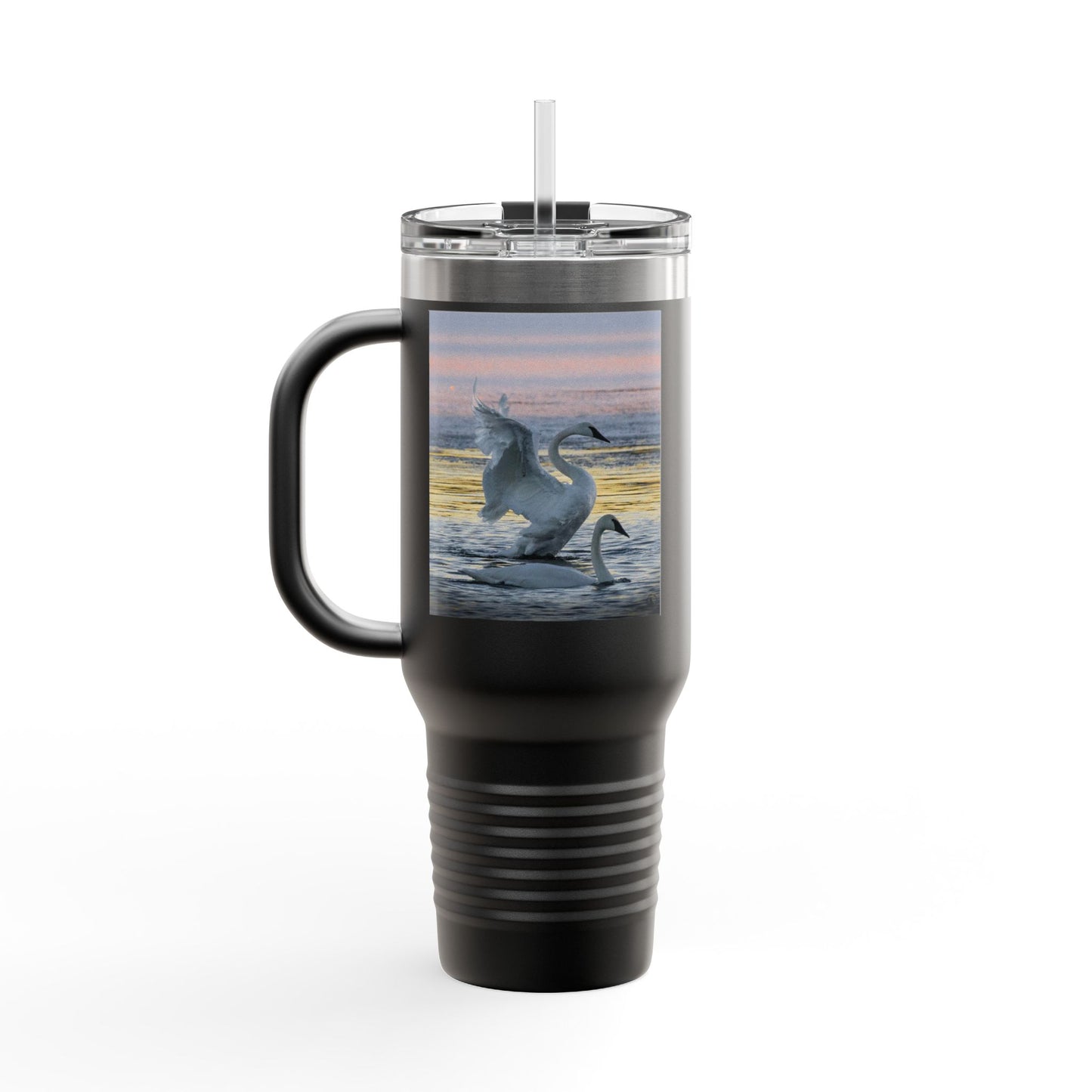 40oz Insulated Travel Mug — Swans at Sunrise Scenic Drink Tumbler