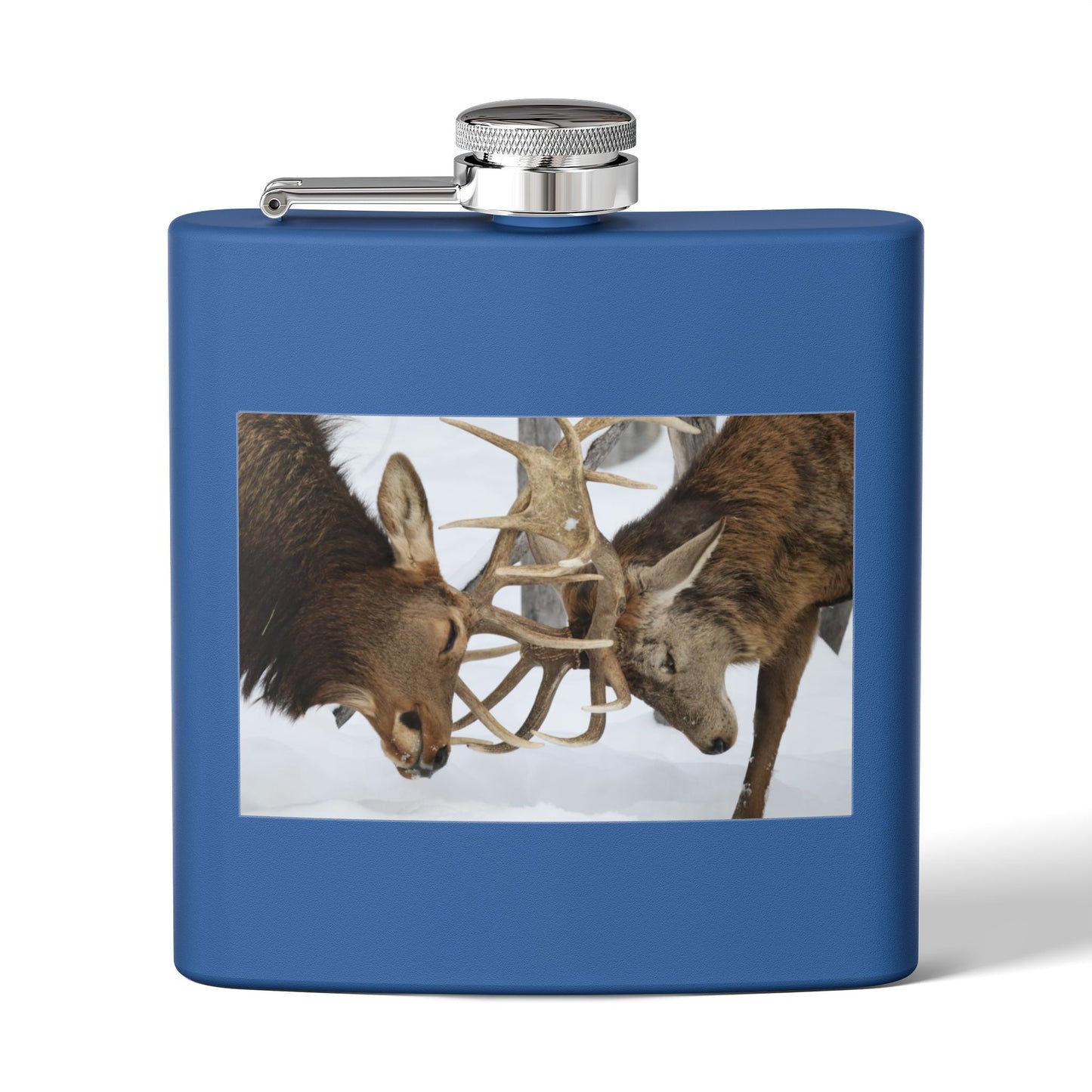 6oz Stainless Steel Flask — Wildlife Photo: Two Bucks Locking Antlers (Hunting Gift)