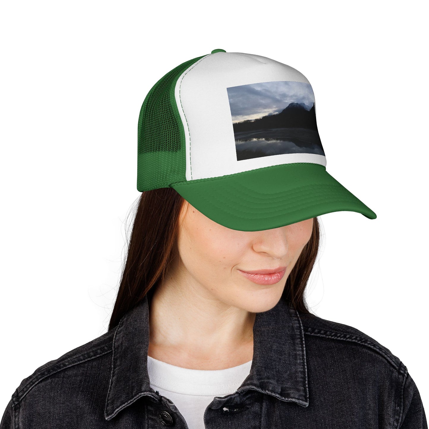 Mountain Lake Trucker Cap — Scenic Nature Photo Mesh Hat