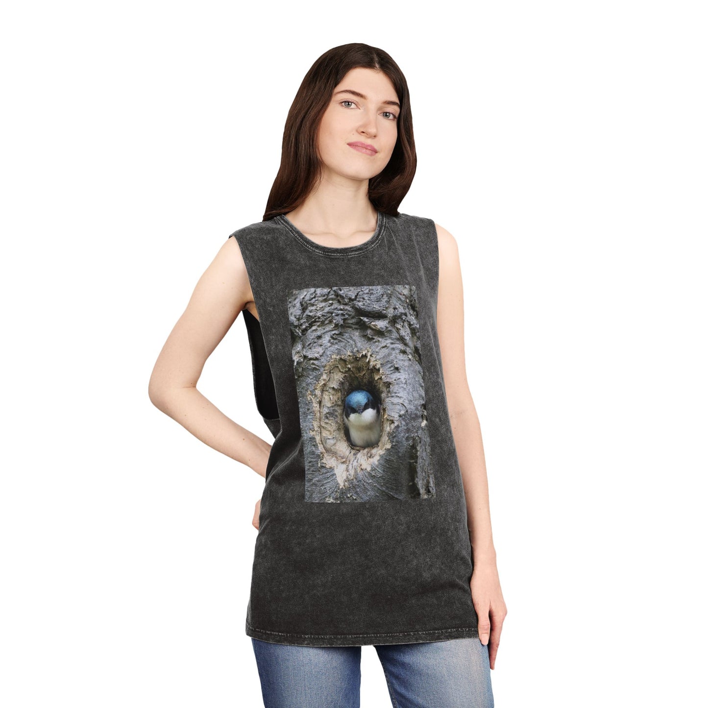 Bird Nest Photo Tank Top — Stonewash Sleeveless Tee with Chick in Hollow Tree
