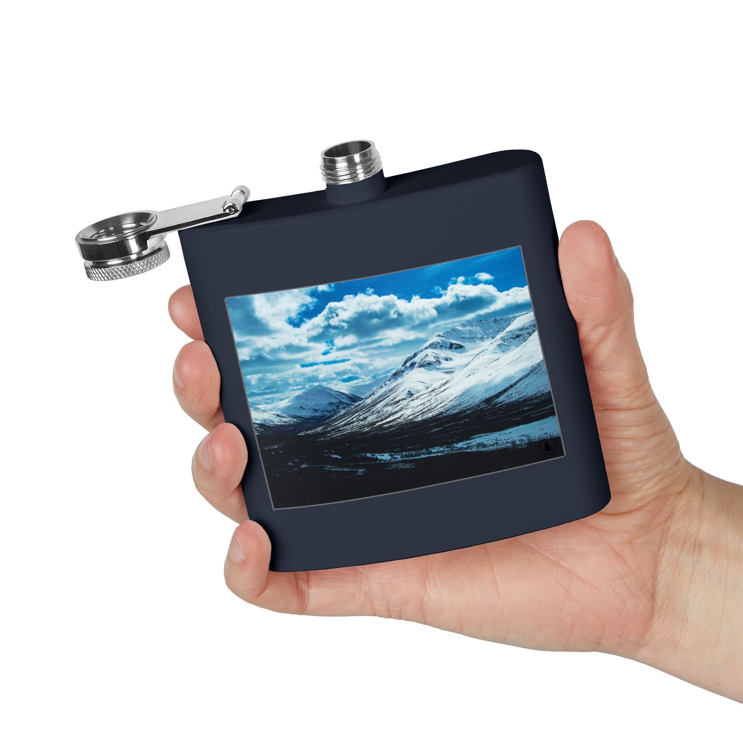 Mountain Winter Scene 6oz Stainless Steel Flask — Snowy Peaks Travel Hip Flask