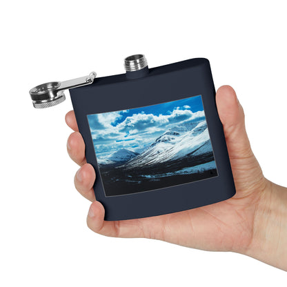 Mountain Winter Scene 6oz Stainless Steel Flask — Snowy Peaks Travel Hip Flask