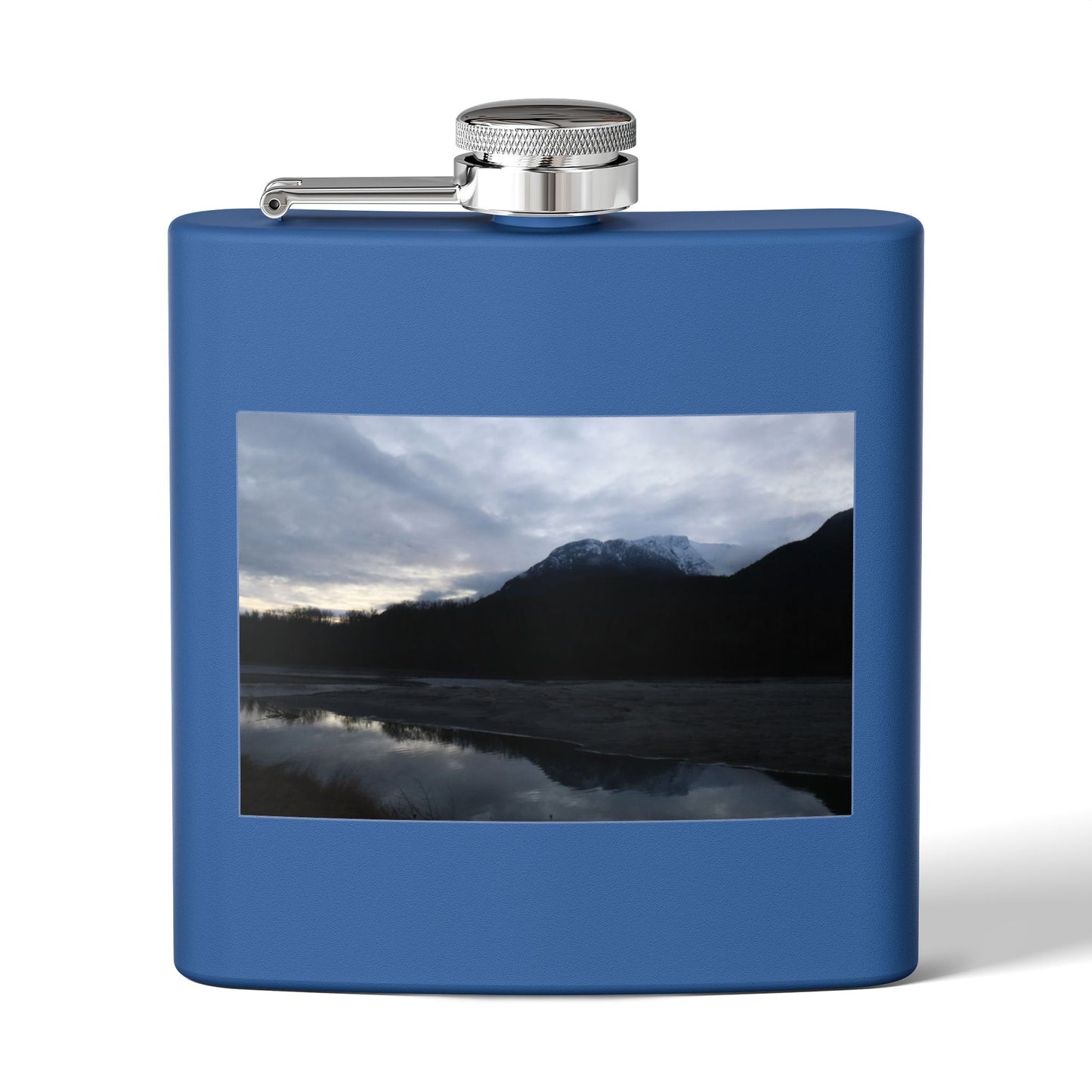 Mountain Lake Evening Stainless Steel Flask — 6oz Wilderness Hip Flask
