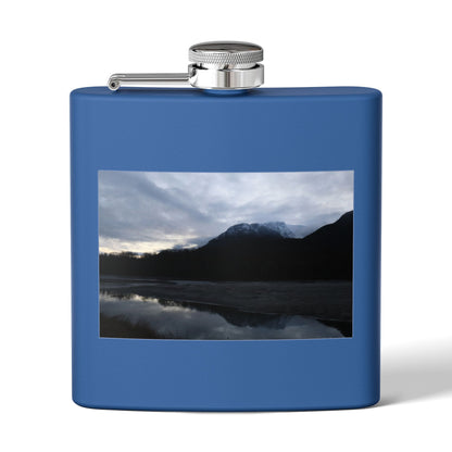 Mountain Lake Evening Stainless Steel Flask — 6oz Wilderness Hip Flask