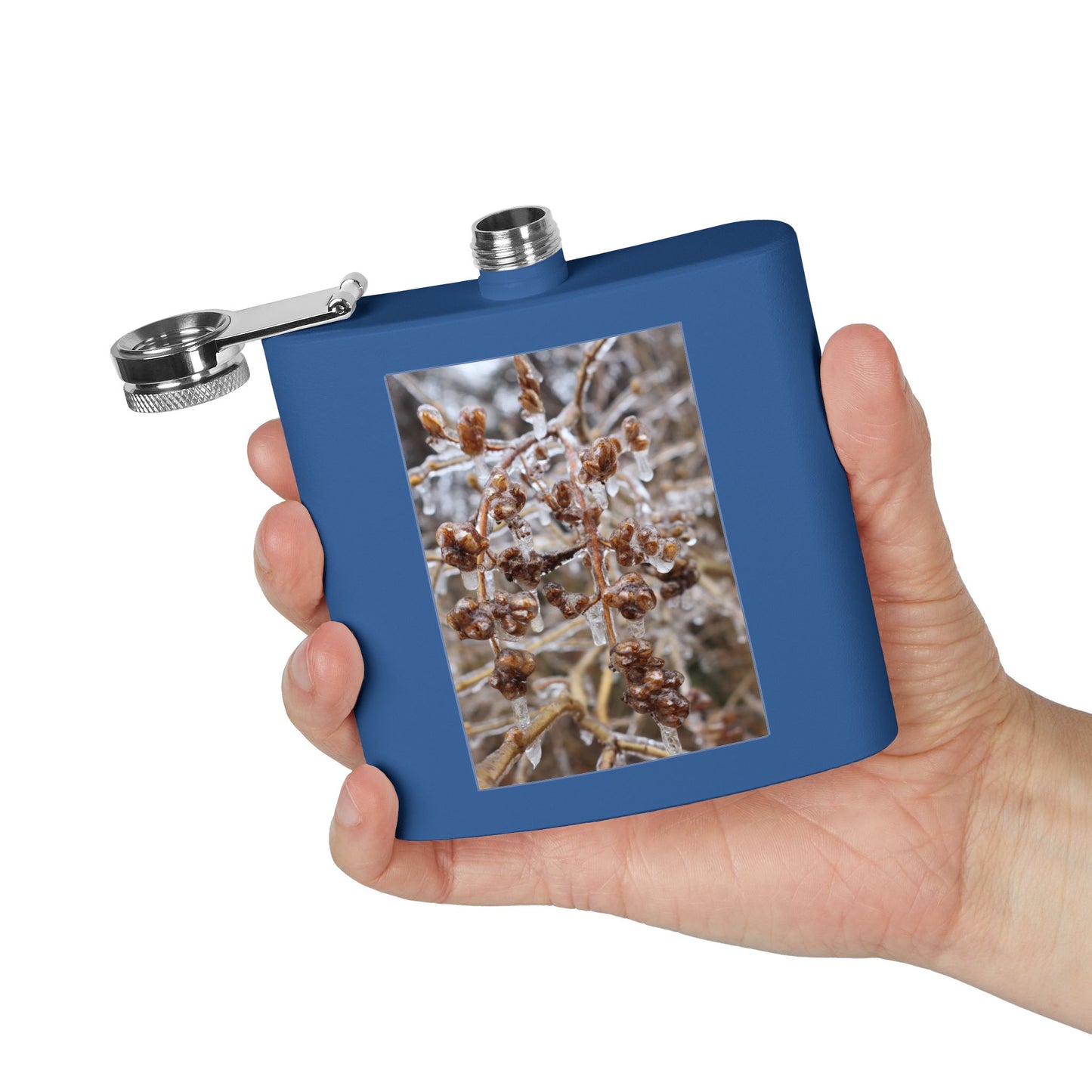 6oz Stainless Steel Flask with Frosted Berries Photo — Winter Nature Pocket Flask