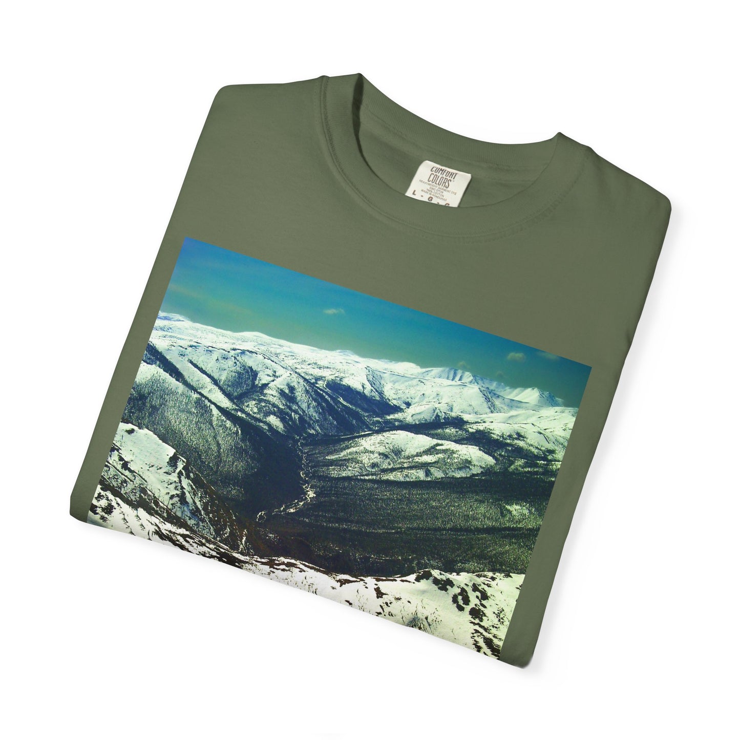 Alpine Winter Panorama: Aerial Mountain Landscape, Snow-Capped Wilderness, Pristine Winter Terrainphotography shirts