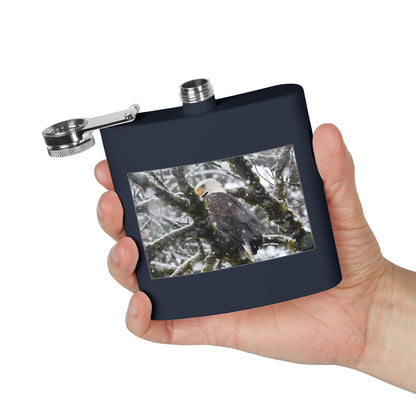 Eagle In Snow 6oz Stainless Steel Hip Flask — Bald Eagle Wildlife Photo Flask, Outdoor Gift for Hunters & Nature Lovers