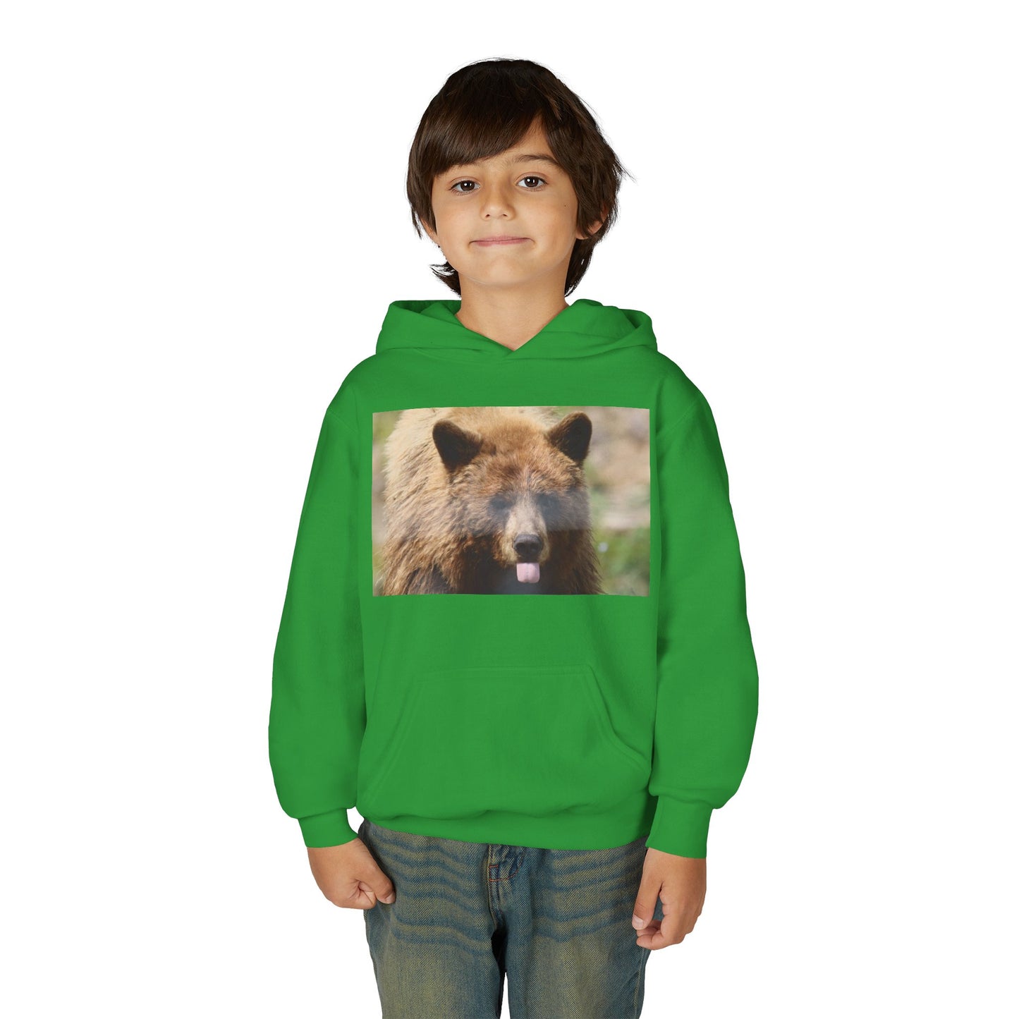 Youth Bear Hoodie — Cute Tongue-Out Bear Photo Kids Pullover