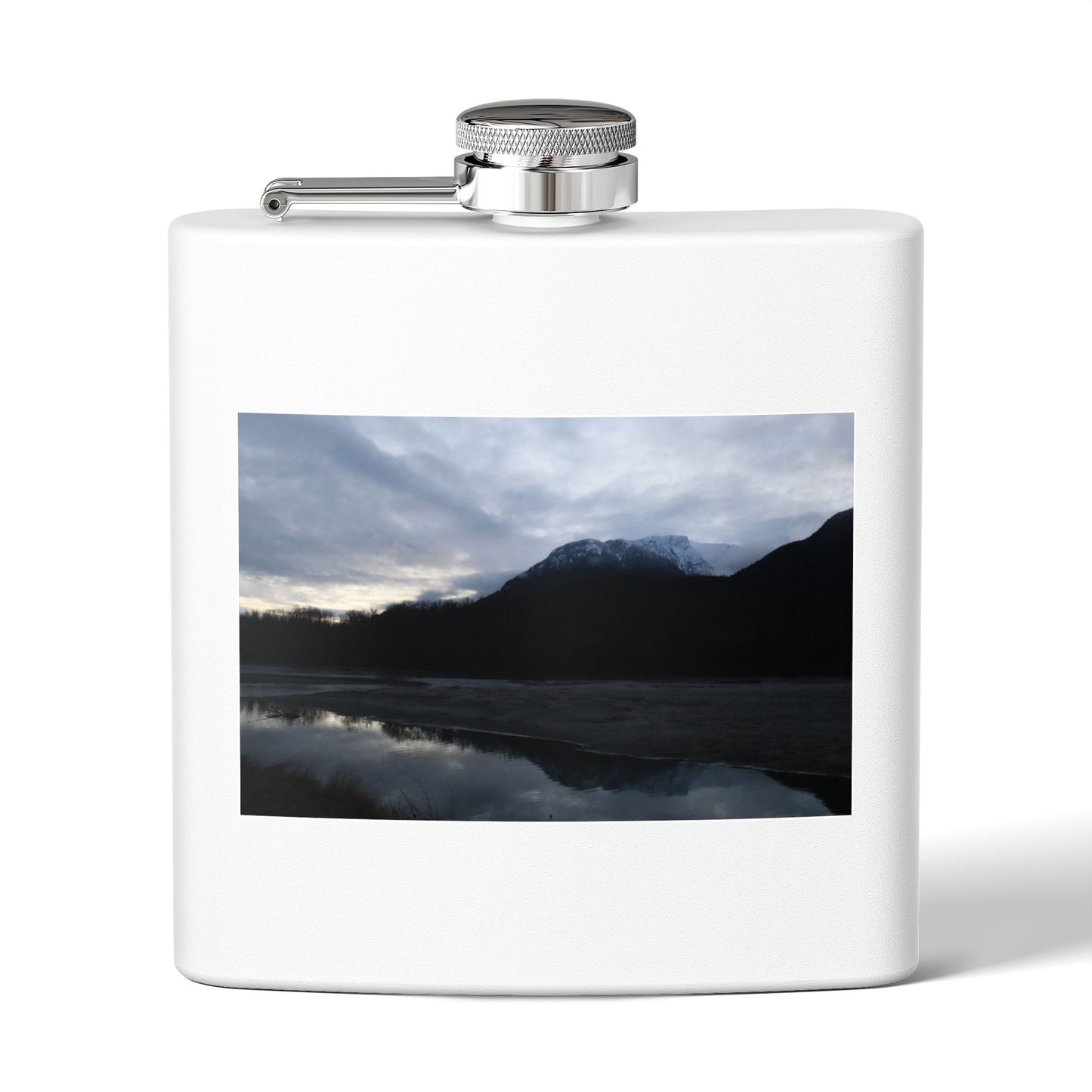 Mountain Lake Evening Stainless Steel Flask — 6oz Wilderness Hip Flask