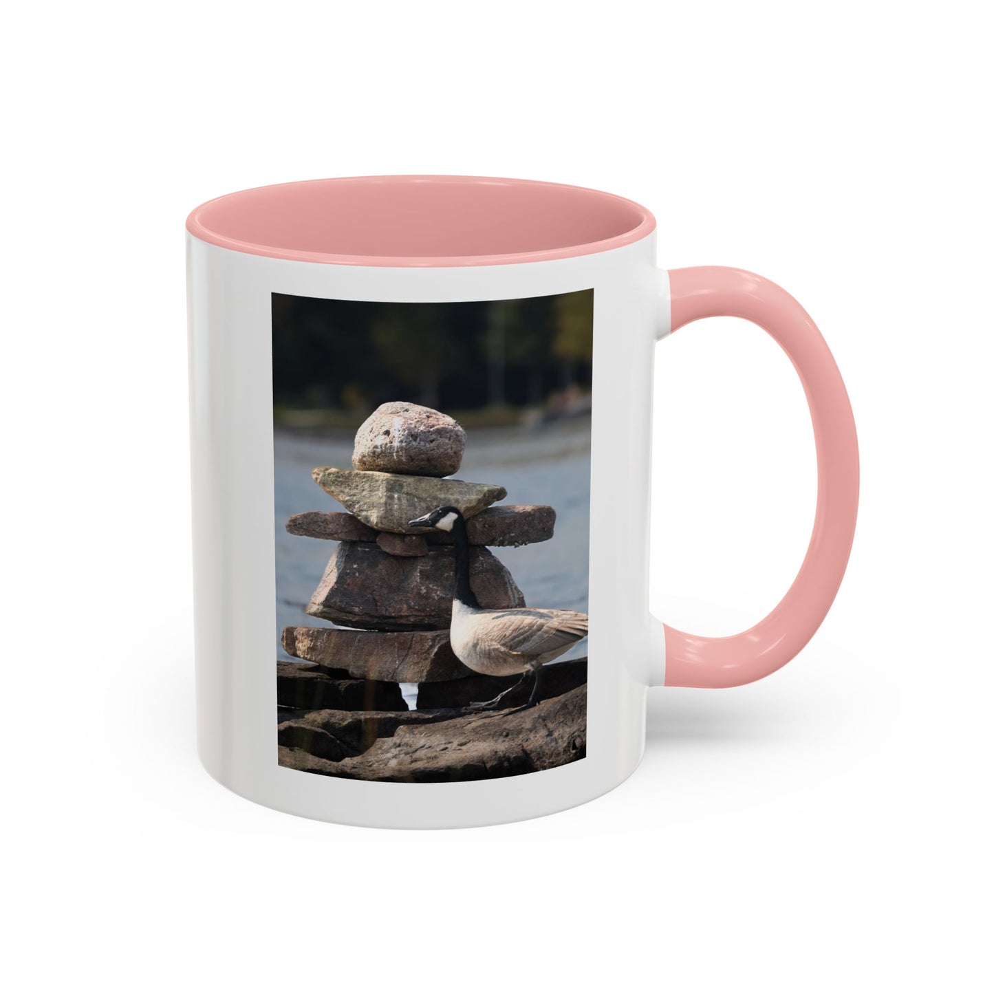 Seaside Rock Cairn Accent Coffee Mug — Coastal Bird & Stacked Stones Photo (11/15oz)