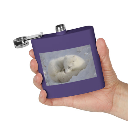 White Arctic Fox Flask — 6oz Stainless Steel Hip Flask with Sleeping Fox Photo