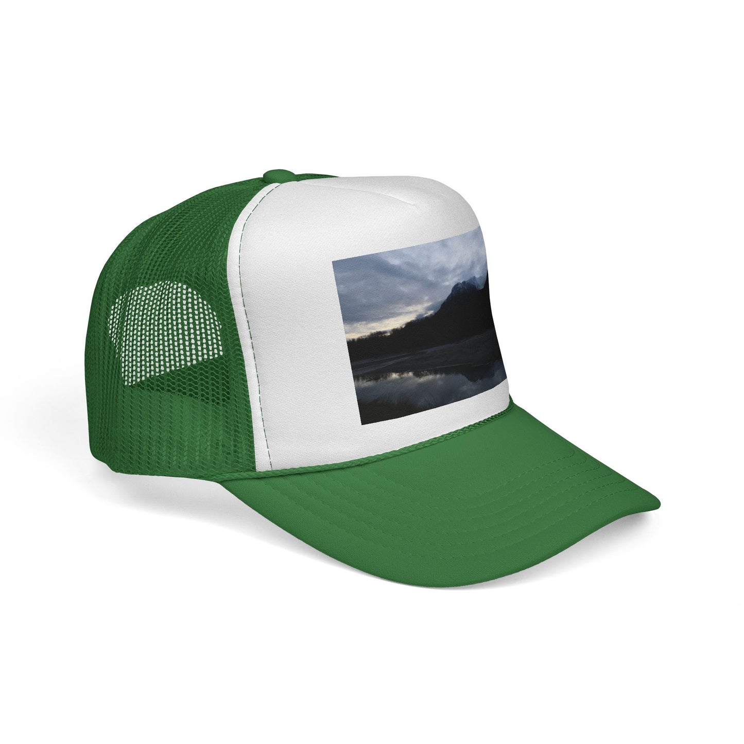 Mountain Lake Trucker Cap — Scenic Nature Photo Mesh Hat