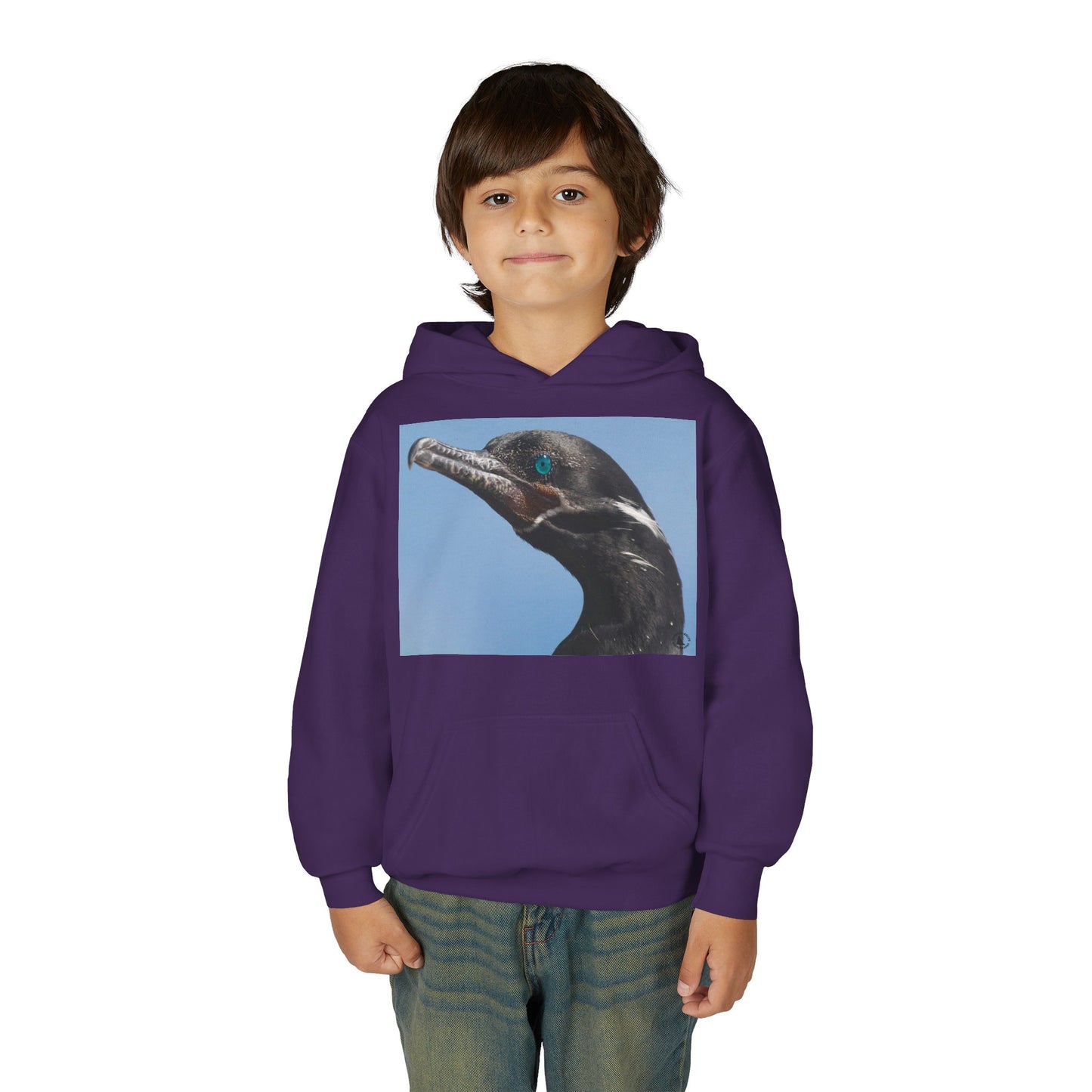 Youth Hoodie with Close-Up Cormorant Photo — Nature-Lover Kids Pullover