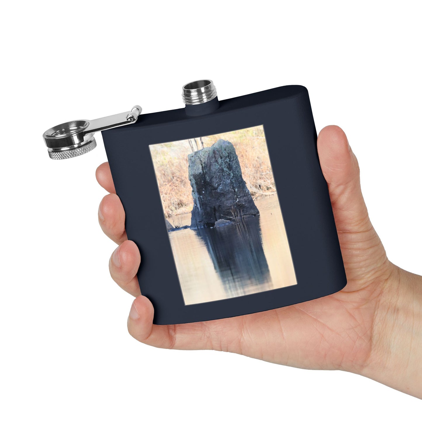 6oz Stainless Steel Flask with Tranquil Lake Rock Photo – Portable Outdoor Hip Flask